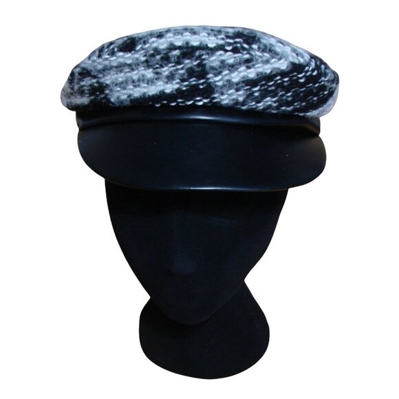 Tarnish Boucle Newsboy Cap Wool and Leather Black White Plaid Made In Italy OSFA main image 4